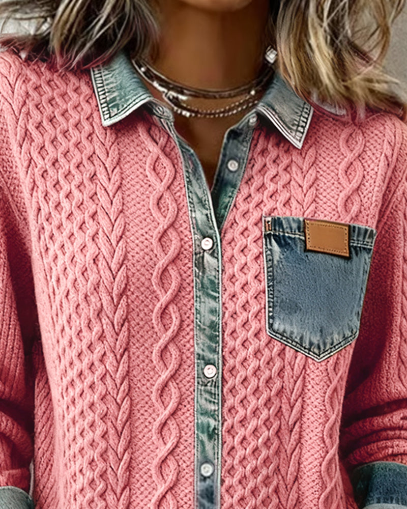 Nadia | Chemise à manches longues avec détails en denim patchwork