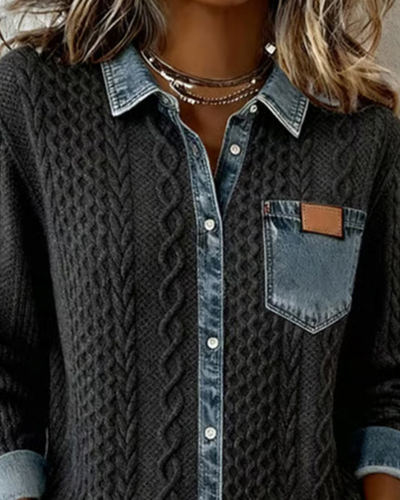 Nadia | Chemise à manches longues avec détails en denim patchwork