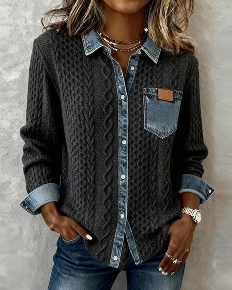 Nadia | Chemise à manches longues avec détails en denim patchwork