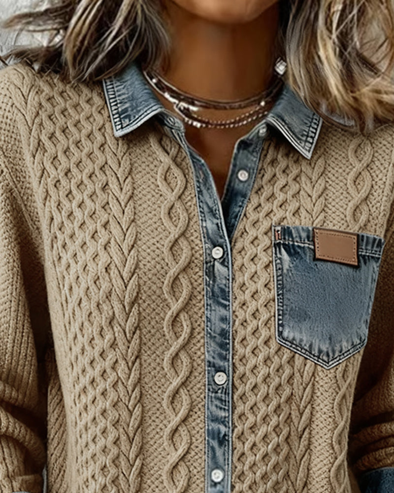 Nadia | Chemise à manches longues avec détails en denim patchwork