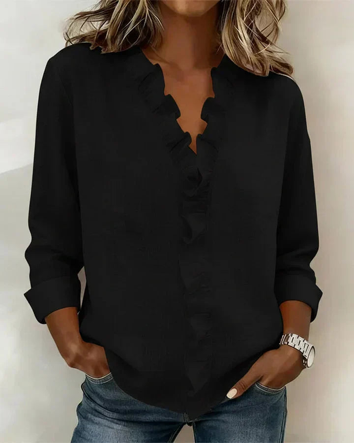 Amora | Blouse à volants, col en V et manches longues
